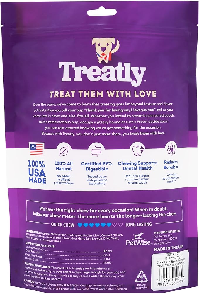 USA Beefhide Braids 7-8" Dog Chew Treats - Chicken & Beef Flavor, 7 Count/1 Pack
