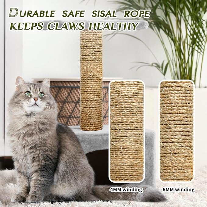 Natural Sisal Rope 1/4 Inch by 65-Feet for Cat Scratching Post Tree Tower Replacement Repair and Replace, DIY Hemp Twine Rope for Kittens Shelves Furniture Window Bed Perch Hammock cave, 6mm by 20m