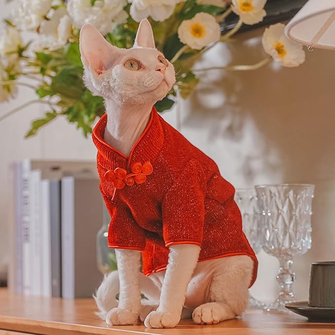 Traditional Culture Sphynx Hairless Cat Cotton T-Shirts Cat Clothes Pet Sweater Cat Vest Pet Clothes Kitten Shirts Cats & Small Dogs Apparel (Red Chi-Pao, XL (9-13 lbs))