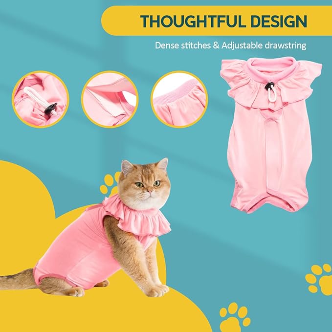 Avont Cat Recovery Suit - Kitten Onesie for Cats After Surgery, Cone of Shame Alternative Surgical Spay Suit with Ruffles for Female Cat, Post-Surgery or Skin Diseases Protection -Pink (L)