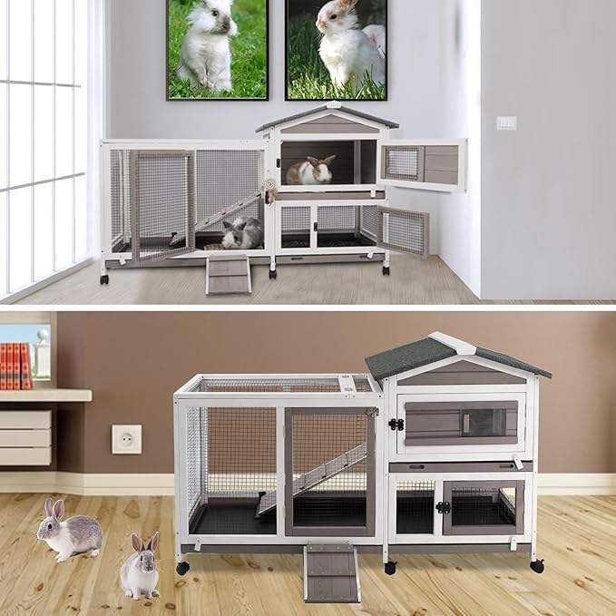 Rabbit Hutch Indoor and Outdoor 2-Story Rabbit Cage with Pull Out Tray,Fir Wood Pet House with Wooden Ramp,Waterproof Bunny Cage Indoor with 2 Asphalt Roofs,Grey (55.3" L x 21.5" W x 34.5" H)