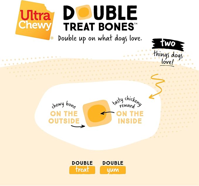 Ultra Chewy Chicken Double Treat Bones: Long-Lasting Dog Treats Made in USA for Large and Small Breeds, Highly Digestible, Ideal for Aggressive Chewers (24 Count)