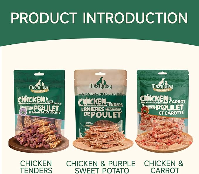MeatyWay Chicken & Vegetables Wrapped Dog Treats, High Protein, Low Fat, 100% Natural Chicken Tenders, Healthy and Natural Carrot & Sweet Potato Dog Training, 300g/10.58 oz. (Pack of 3)