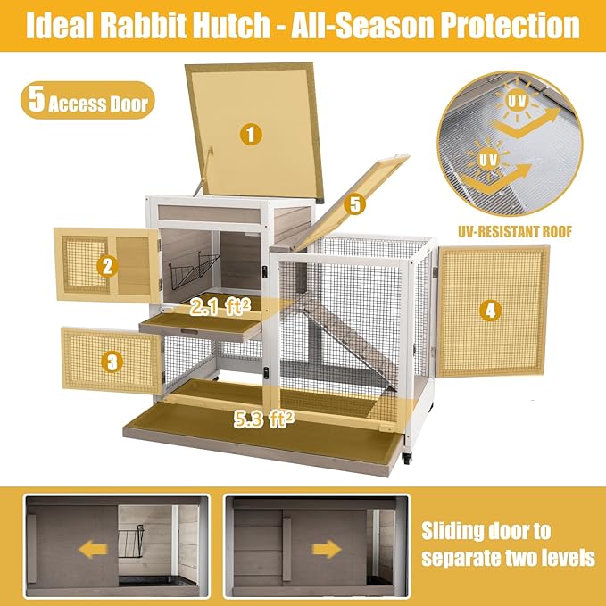 Gowoodhut 40" L Rabbit Hutch Indoor Wooden Bunny Hutch Outdoor 2 Story Rabbit Cage on Metal Wheels with Run and 2 Deeper Pull Out Trays Guinea Pig Pet House for Small Animals