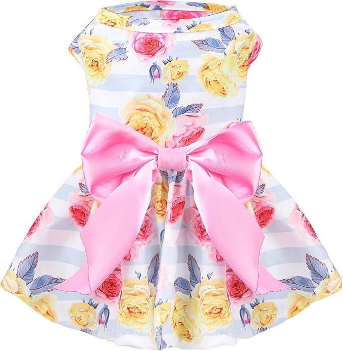 PUPTECK Floral Dog Dress for Spring Outfit Puppy Cute Small Dogs Clothes,Stripe,M