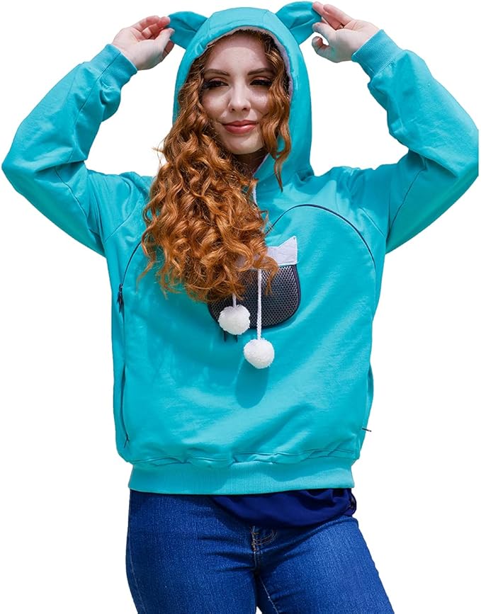 ALYC Unisex Hoodies Pet Holder Cat Dog Large Pouch Carriers Pullover with Cat Printing Sweatshirt (Green-S)