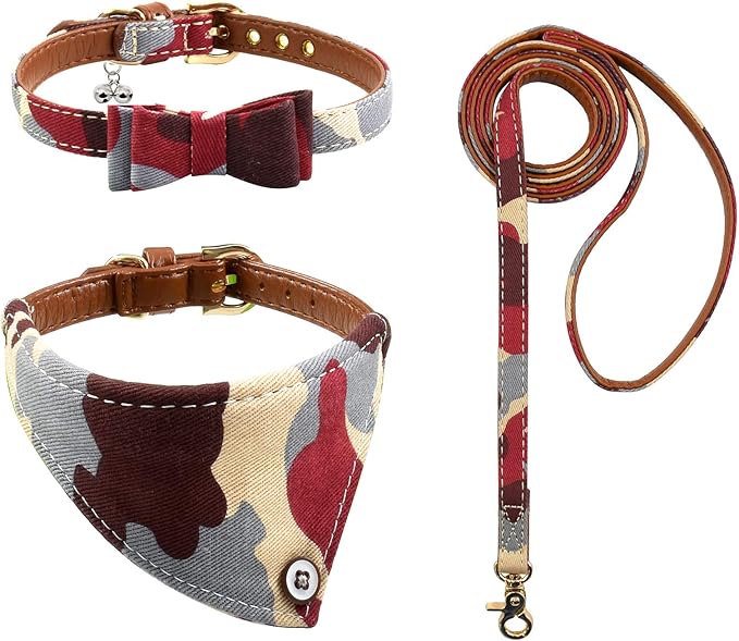 3PCS Bow Tie Dog Collar and Leash Set Plaid/Camo/Dots/Flower Dog Bandanas with Bell 3 Size Adjustable for Small Dogs Puppies and Cats (XS, Camo 2)