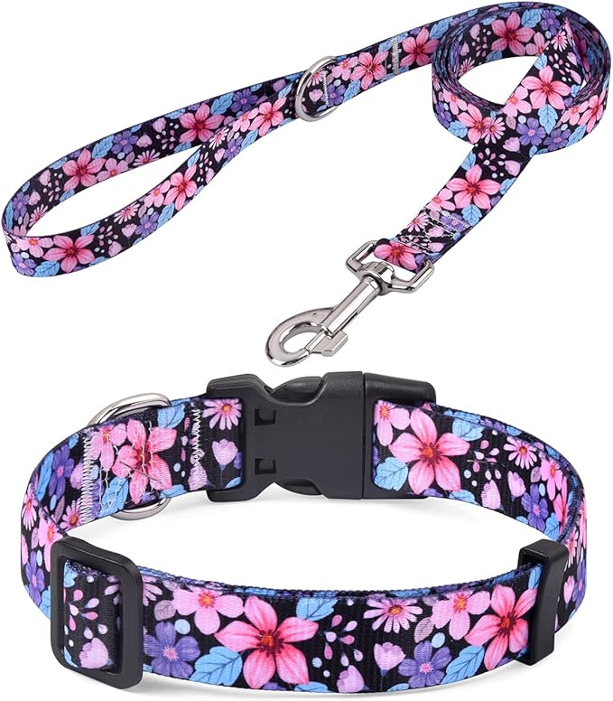 Soft Comfy Pet Collar and Leash Set, Floral Pattern for Small Medium Large Dogs