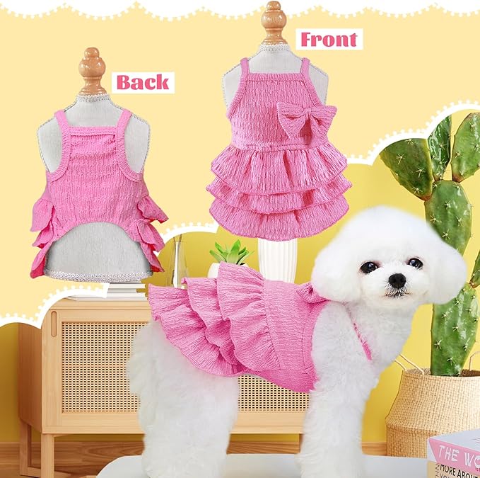 2 Pieces Dog Dress for Small Dogs Girl,Puppy Sleeveless Clothes Pet Pullover Vest Skirt,Cute Bow Tiered Cake Dress Pet Dog Shirt Breathable Outfits for Small Dogs Puppy Cats Girl Apparel