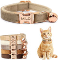 Personalized Non-Breakaway Cat Collar with Name, Luxury Soft Velvet Custom Engraved Name Collar with Bell for Kittens & Cats (Warm Gray, L (7.5-12.5 inches))