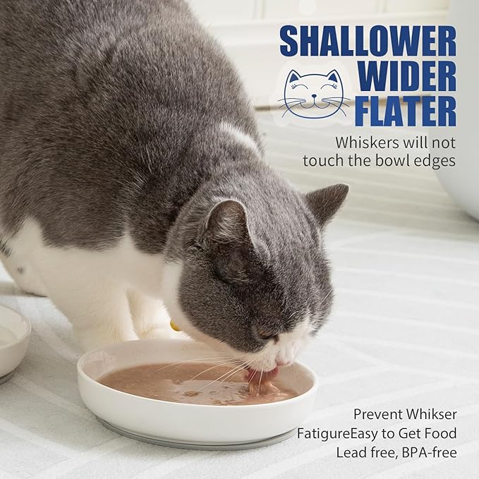 Lusifaco Shallow Cat Food Bowls, 5.9 Inch Wide Ceramic Cat Dish for Indoor Cat,Anti Whisker Fatigue Cat Dishes Set, Kitten Plates for Food and Water,Non-Slip Silicone Mat,3 Pack(White)