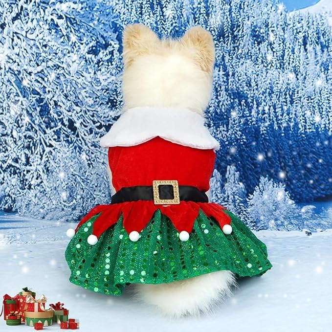 Abbie Home Christmas Dog Dress Cute Skirt, Pet Christmas Costume Cat Sparkly Sequin Clothes Girl Puppy Xmas Holiday Party Cosplay Outfit Winter Apparel for Small Dogs Cats (Green, X-Large)