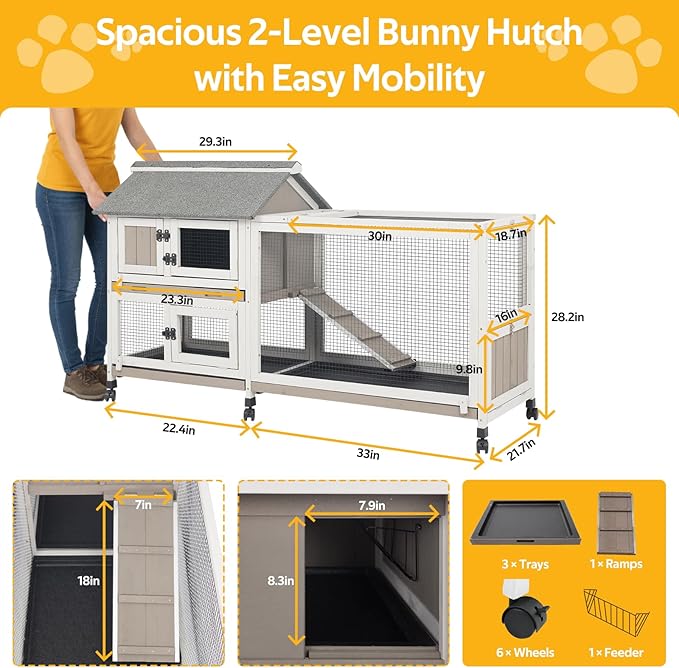 PetsCosset Rabbit Hutch Outdoor Bunny Hutch 2-Story Wooden Indoor Rabbit Cage with Run, 6 Wheels, Waterproof 3 Leak Proof Trays, Ramp, Weatherproof Asphalt Roof for Animals Pets, Expandable Design