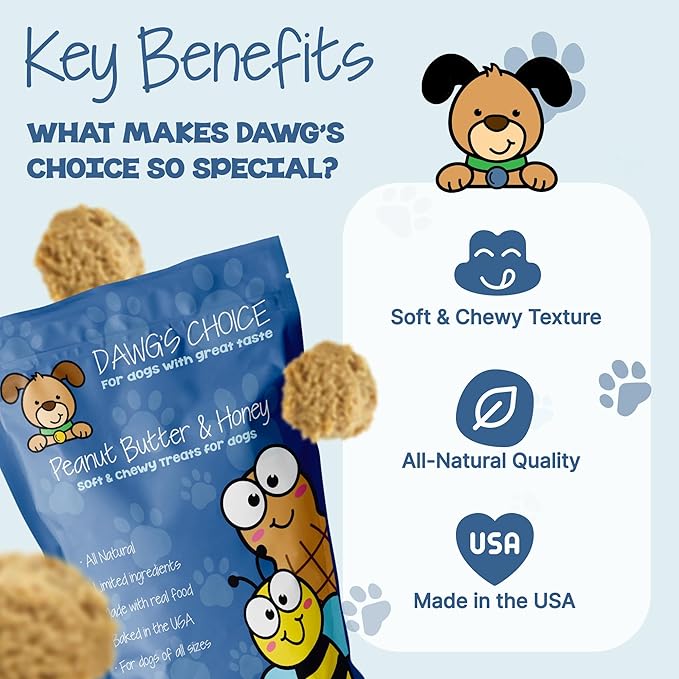 DAWG'S CHOICE Soft & Chewy Dog Treats, Peanut Butter & Honey Snacks for Dogs, Dog Treats Made in USA, Human Grade, All-Natural Ingredients, High Value Training Treats, for Small, Medium & Large Dogs