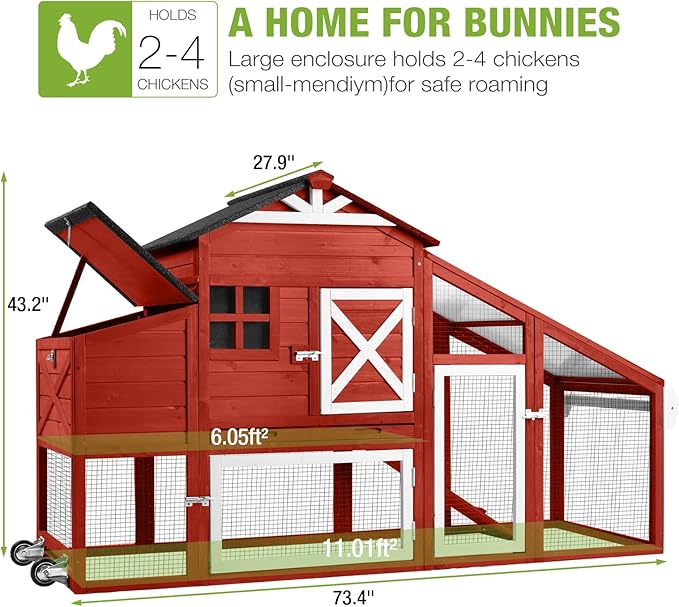 GUTINNEEN Mobile Chicken Coop for 2-4 Chickens with Wheels, Expandable Large Hen House with Run, UV-Protected Roof, Divided Nesting Boxes, Easy One-Person Move, Red