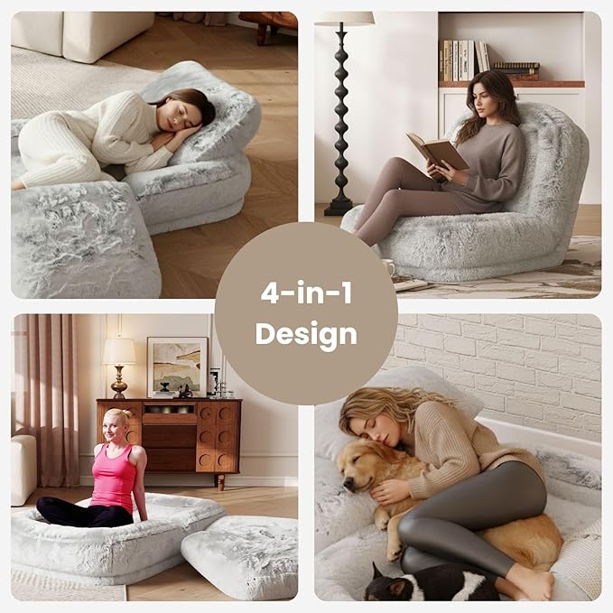 71" Human Dog Bed for Adults & Pets, Foldable Lazy Bed with 4 Adjustable Positions, Convertible Tatami Sofa with Detachable Faux Fur Cover & 2 Pillows for Bedroom & Living Room