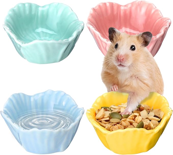 4 Pack Small Ceramic Pet Hamster Bowl, 2.68 x 2.68 x 1.38 Inch Flower Shaped Small Water and Food Bowl Feeder Dish for Guinea Pig Parrots Gerbil Rat Mice Rabbit Chinchilla, Easy to Clean Anti Flipping