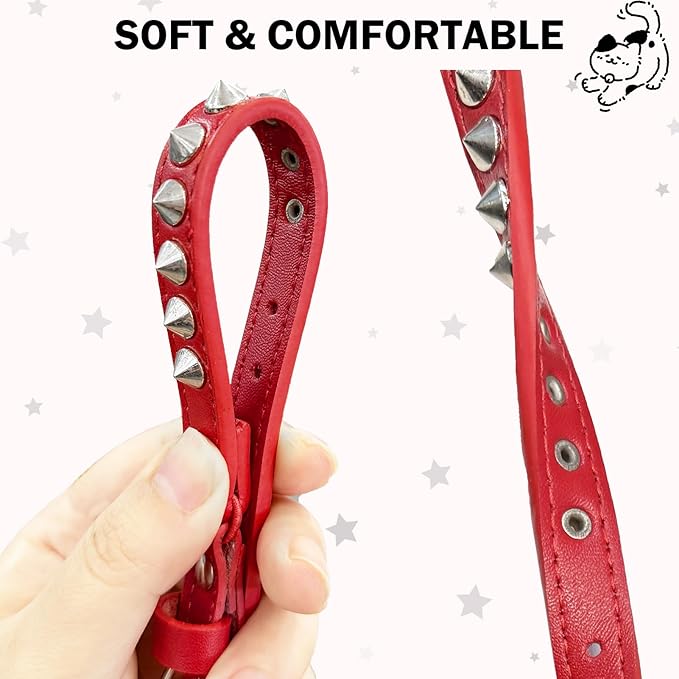 Leather Cat Collars for Boy Girl Cats with Bell and Safety Elastic Belt, Personalized Rivets Stud Adjustable Safe Buckle Collar with Skull Charm for Kitty Small Pets, Red 7"-9"