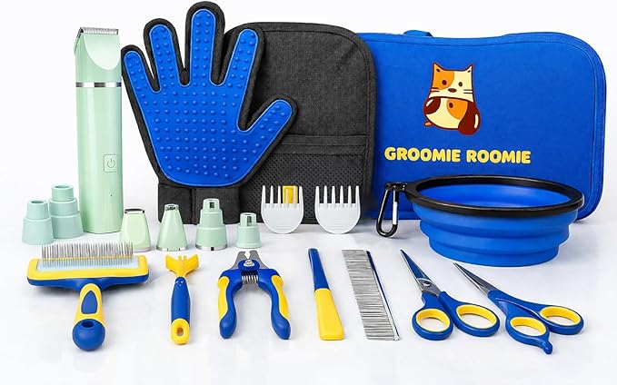 Deluxe 16-Piece Pet Grooming Kit with Carry Bag -Kit for Dogs & Cats – Quiet Clippers, Nail Grinder & Brushes