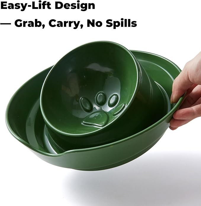 2-Pack Cat Food Ant Barrier Bowls — Ant Proof Cat Food Bowls Tray with Water Moat Design, 10 in Diameter, One-Piece Integrated Bowl, Easy-Clean, Non-Slip Base, Dark Green & Dark Gray