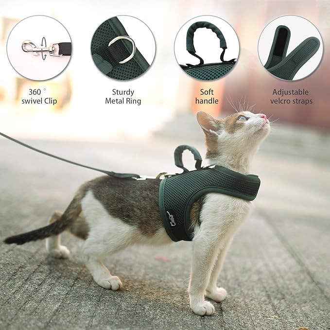 Cat Harness and Leash for Walking Escape Proof Breathable Mesh Fabric, Solid Green, Large, Adjustable Cat Walking Jackets with Handle, Padded Stylish Cat Vest
