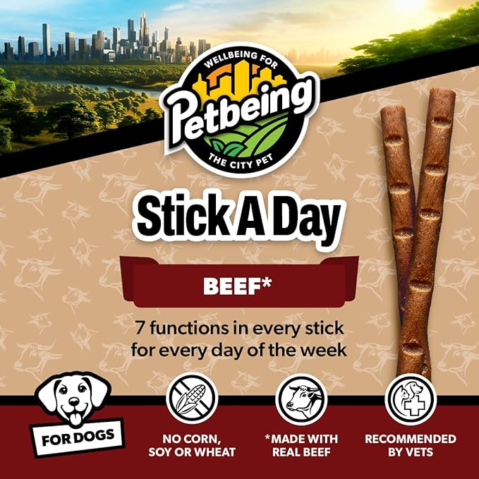 Stick a Day for Dogs | Specially Formulated 7-in-1 Functions Daily Real Meat Supplement for Dogs | Dog Chew Stick & Pet Vitamins Supplements Combination (7-Pack x 4, Beef)