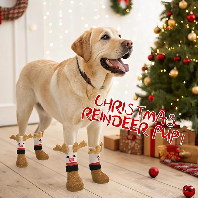EXPAWLORER Christmas Anti Slip Dog Socks to Prevent Licking Paws, Boots & Paw Protectors with Grippers,Doggie Booties for Hardwood Floors for Small Medium Large Senior Dogs Lifelike Costume Reindeer M
