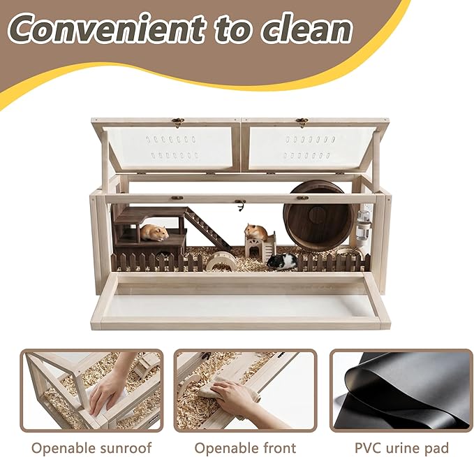 Wooden Hamster Cage with Small House and Bridge, Small Animal Habitat with Lockable Design, Openable Top and Front Doors for Gerbil, Guinea Pig, Rat, 32" L x 16" W x 16" H