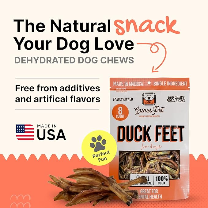 Gaines Pet Duck Feet for Dogs – 8 Count, Natural Chews with Glucosamine, Chondroitin & Collagen – Single Ingredient Dog Treats, Grain-Free, USA Made, Joint & Dental Health Support