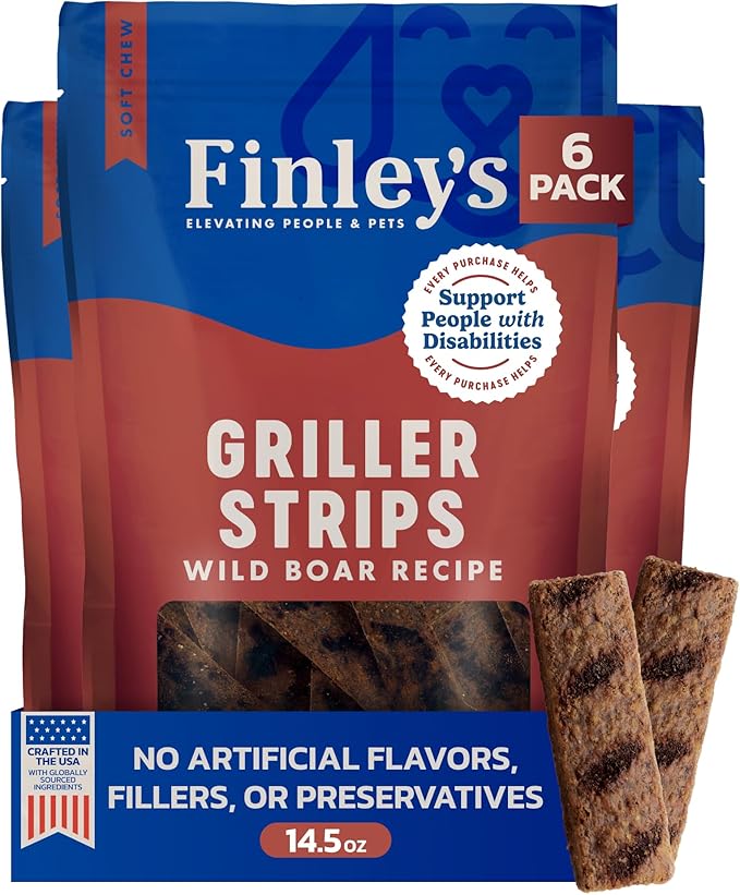 Finley's Wild Boar Griller Strips for Dogs, Jerky-Style Dog Treats with Real Ingredients for All Breeds and Sizes, 14.5oz, 6 Pack