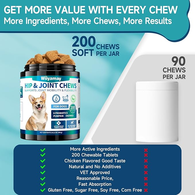 Glucosamine for Dogs, 200pcs Dog Hip and Joint Supplement Dogs with, MSM, Chondroitin, Vitamins C & E, Dog Joint Supplement Large Breed, Dog Joint Chew Treats, Chicken Flavor