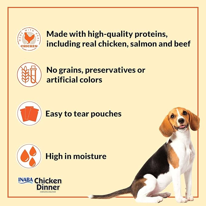 INABA Chicken Dinner for Dogs, Soft Pate Wet Dog Food, Complete & Balanced, 2.4 oz. Pouch, 15 Pouches, Beef & Vegetables Variety