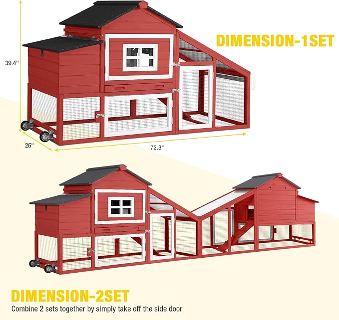 Wooden Chicken Coop, Large Chicken Tractor with Wheels, Weatherproof Hen House with Nest Box and Removable Tray, Mobile Poultry Hutch for 2-4 Chickens, Rabbits & Ducks (Red)