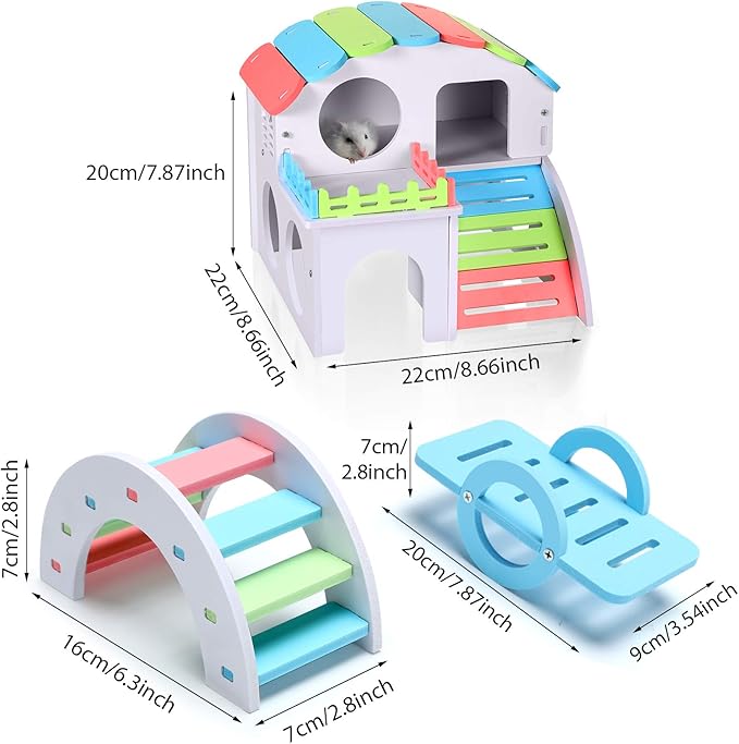 3 Pieces Fun Hamster Guinea Pig Hideout Kit Include PVC Hamster House, Rainbow Bridge, Seesaw DIY Exercise Playhouse for Rats Mouse Small Animals(Large,Rainbow Color)