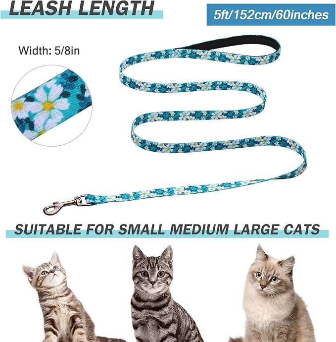 Hikiko Cat Harness and Leash Set Escape Proof Adjustable Walking Travel Cute Girl Kitten Harness for Small Medium Large Cats (Green Flower, M)