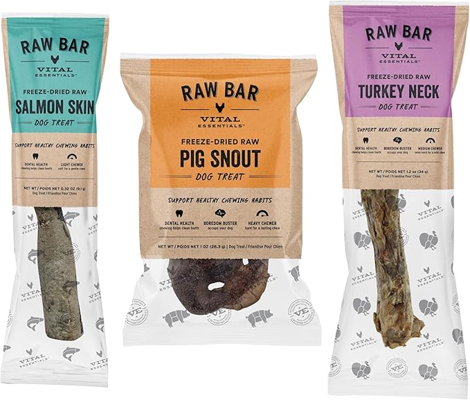 Vital Essentials Freeze-Dried Raw Bar Bundle | Pig Snout, Salmon Skin, Turkey Neck | Single Ingredient Dog Treats & Natural Chews | Made in USA | 3 Pack