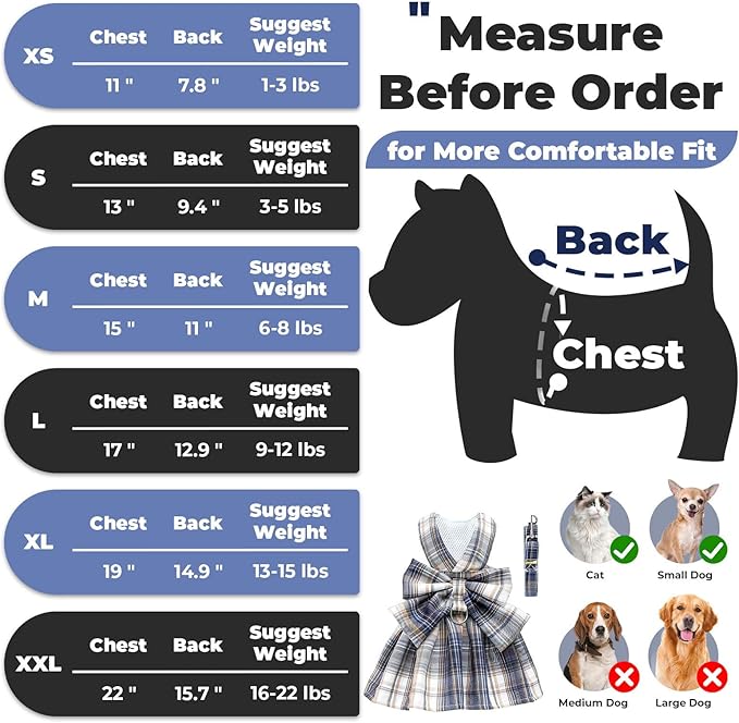 PETCARE Plaid Dog Dress Bow Tie Harness Leash Set for Small Dogs Cats Girl Cute Princess Dog Dresses Spring Summer Puppy Bunny Rabbit Clothes Chihuahua Yorkies Pet Outfits