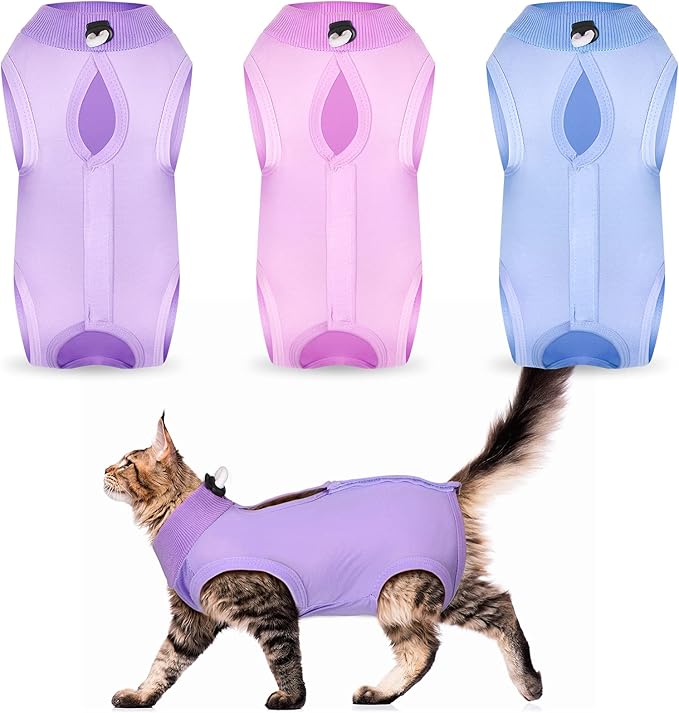 Nuanchu 3 Pieces Cat Recovery Suit Kitten Recovery Suit E-Collar Alternative for Cats and Dogs Abdominal Skin Anti Licking Pajama Clothes Sets (Medium,Solid Style,Purple Pink Blue)