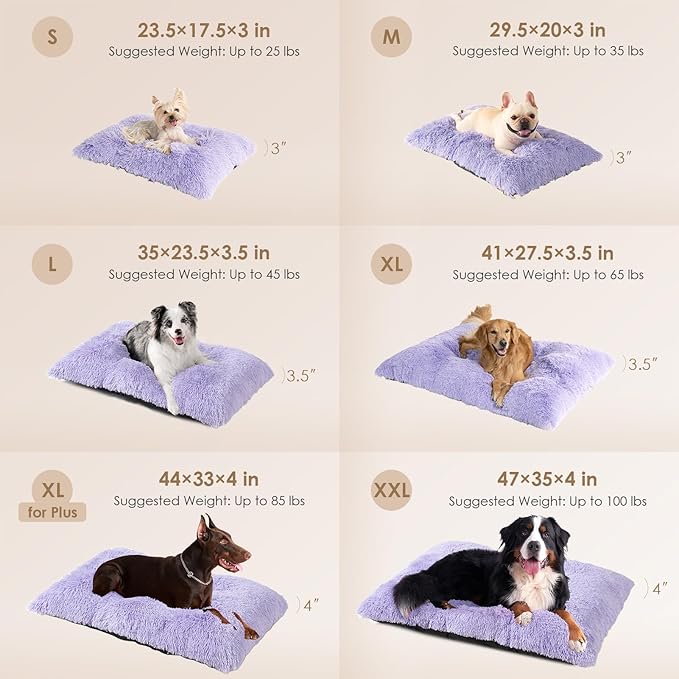 EHEYCIGA Fluffy Dog Crate Bed for Medium Dogs, Plush Faux Fur Crate Pad, Calming Anti Anxiety Medium Dog Bed, Washable Soft Warm Mat with Non-Slip Bottom, Purple