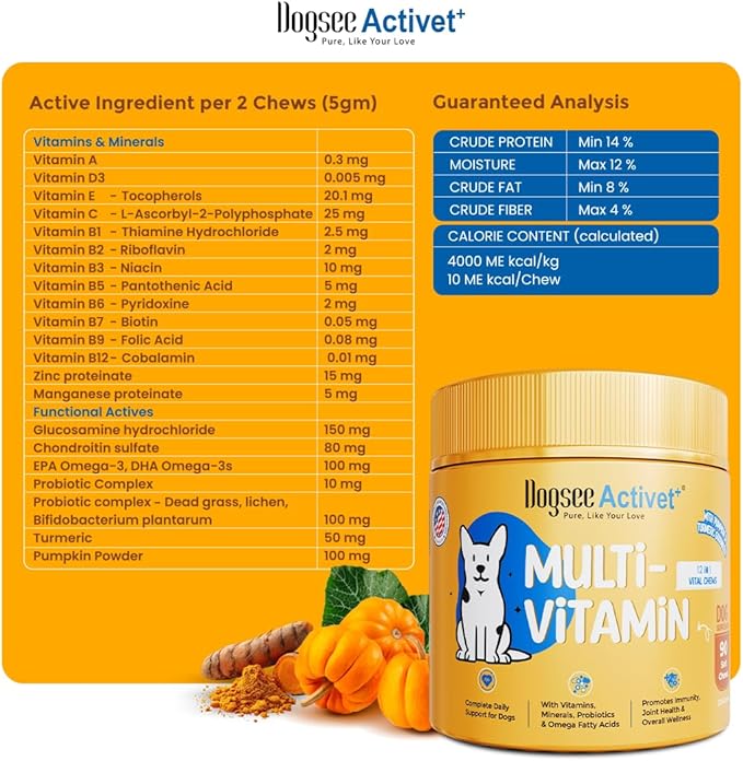 Dogsee Activet+ Dog Multivitamin Supplement Chews, with Vitamins, Minerals, Probiotics, Omega Fatty Acids & Glucosamine, Daily Wellness & Vitality Support, Chicken Flavor – 90 Chews