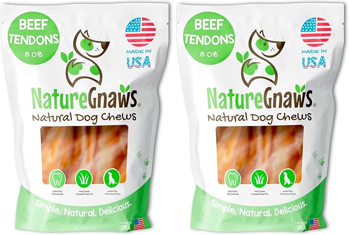 Nature Gnaws USA Beef Tendons for Dogs 1 Pound (8oz X2) - Mixed Thickness - Long Lasting for Aggressive Chewers - Premium Natural Beef Dog Chew Treats - Rawhide Free (Pack of 2)
