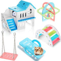 Skylety 5 Pcs Hamster Toys Include Wooden Accessories Hamster House Guinea Pig Hideout Rainbow Bridge Seesaw Swing Exercise Circle Cage Toy for Small Animals(6.3 x 3.93 x 5.5 Inch,Blue)
