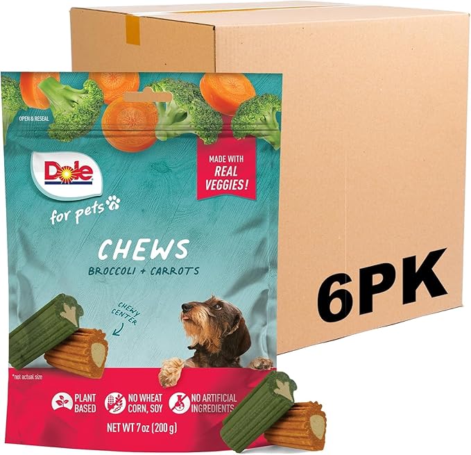 Dole for Pets Dog Chews, Assorted Broccoli + Carrot Vegetable-Flavored Treats, No Artificial Colors Flavors or Preservatives, No Wheat Corn Soy, Plant Based Dog Treats, 7.05 Oz Bag - 6 Pack