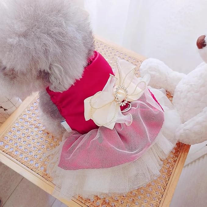ANIAC Retro Dog Tulle Dress with Leash Ring Spring Summer Girl Puppy Clothes for Small Dog Cat Apparel Formal Pet Prom Dress for Christmas Wedding Birthday Valentines (Red,Medium)