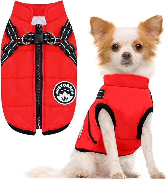 PETCARE Winter Dog Coat with Harness Built in Waterproof Dog Jackets Warm Pet Fleece Vest Windproof Snow Jacket Snowsuit Reflective Dogs Cold Weather Coats for Puppy Small Medium Large Dogs Cats