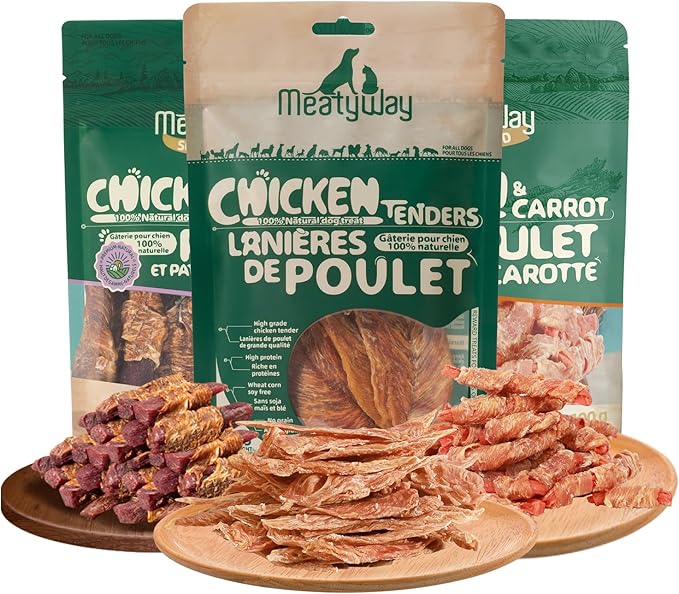 MeatyWay Chicken & Vegetables Wrapped Dog Treats, High Protein, Low Fat, 100% Natural Chicken Tenders, Healthy and Natural Carrot & Sweet Potato Dog Training, 300g/10.58 oz. (Pack of 3)