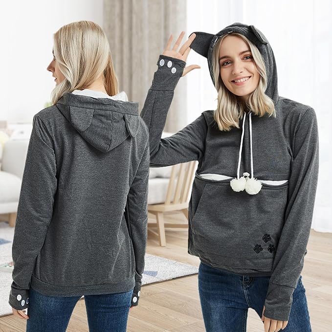 YYW Womens Pet Hoodies Pullover Sweatshirt Oversized Cat Hoodies Pet Holder Cat Dog Pouch Carriers (Dark Grey,XX-Large)