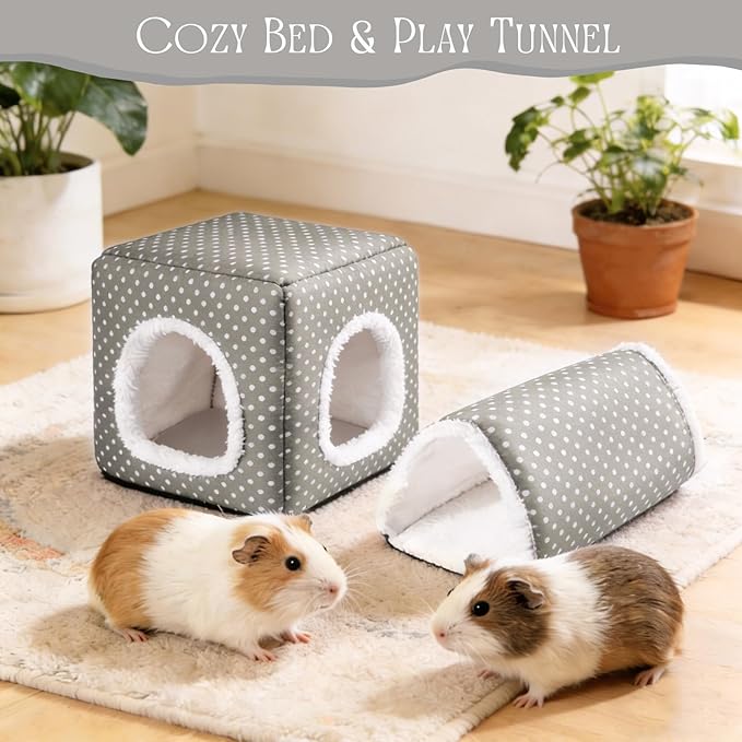 Guinea Pig Hideout, Dwarf Rabbit Bed with Play Tunnel, Washable Fleece House for Dwarf Bunnies, Chinchillas, Hedgehogs, Small Animal Cage Accessories Gray Dot