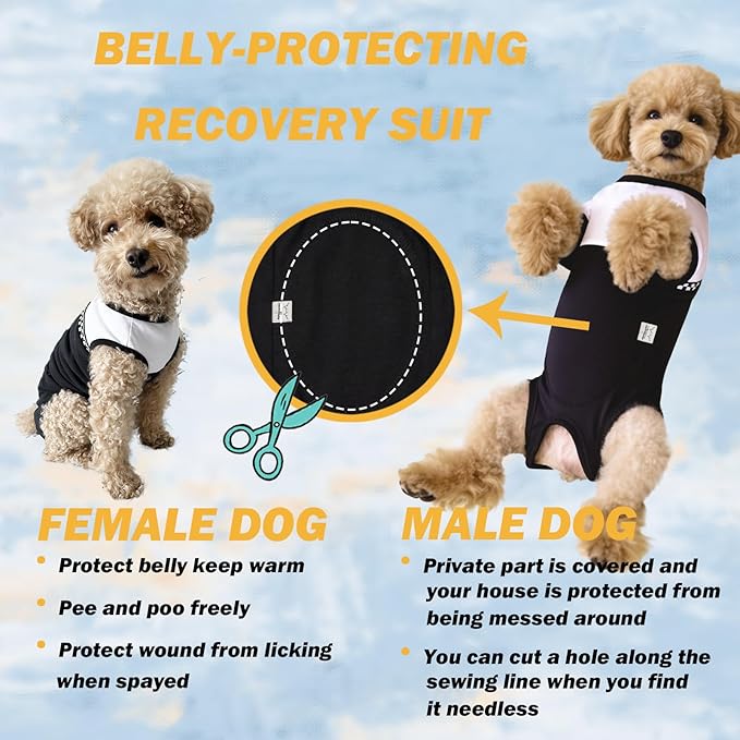 Kukaster Pet Dog Surgical Suit - Recovery Onesie for Dogs After Surgery, Spayed Female/Male Puppy, Breathable Anti-Lick Clothes, Alternative to Cone(Black and White-s)