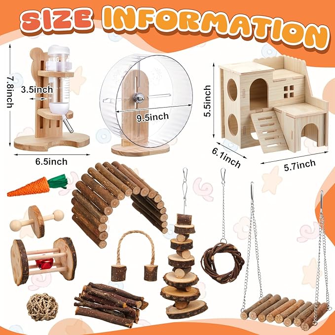 18 Pcs Hamster Toys Set, 10 Kinds Small Animal Chewing Toys, Maze Wood House, Silent Exercise Running Wheels and Water Bottle Set for Hamster Habitat Rat Cage Accessories(Mixed Play Style)